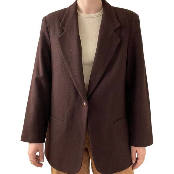 Vintage 80s Womens Brown Wool Oversized Preppy Dark Academia Blazer Sz L - Picture 7 of 10